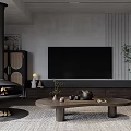 Modern Dining and Living Room Interior Design With Black Fireplace TV and Wooden Coffee Table
