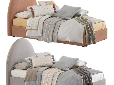 Cozy Modern Kids Bed With Pastel Pink Gray Headboard Pom Pom Pillows And Soft Blankets 3d model