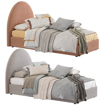 Cozy Modern Kids Bed With Pastel Pink Gray Headboard Pom Pom Pillows And Soft Blankets 3d model