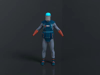 A Man In Blue Protective Suit With Gray Striped Design Orange Cuffs And Blue Helmet 3d model
