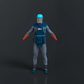A Man In Blue Protective Suit With Gray Striped Design Orange Cuffs And Blue Helmet