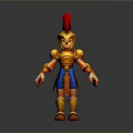 Cartoon Style 3D Character With Golden Armor Red Feathered Helmet Blue Skirt And Orange Gloves