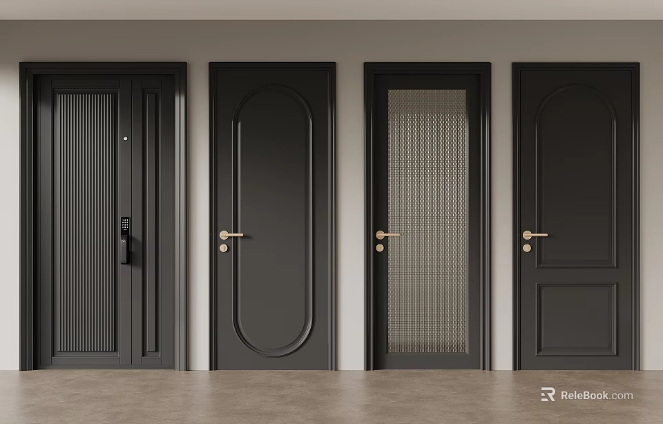 Modern Home Black Interior Doors With Various Panel Designs And Gold Handles 3d model 