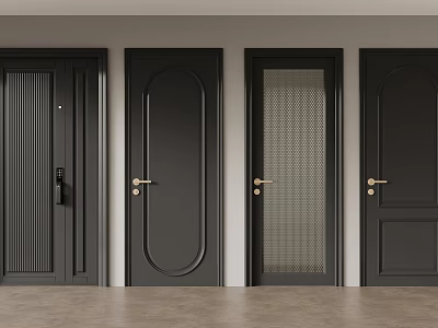Modern Home Black Interior Doors With Various Panel Designs And Gold Handles 3d model