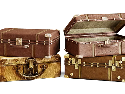 Vintage Leather Suitcases With Brown And Gold Accents Open And Closed Featuring Linen Lining 3d model