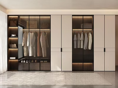 Modern Minimalist Integrated Wardrobe With Glass Display Zones And Warm Built In Ambient Lighting 3d model