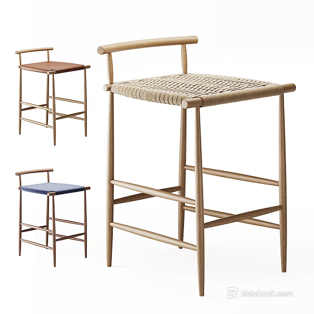 Modern Wooden Bar Stools With Woven Seat Design In Brown And Blue Colors 3d model 