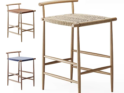 Modern Wooden Bar Stools With Woven Seat Design In Brown And Blue Colors 3d model
