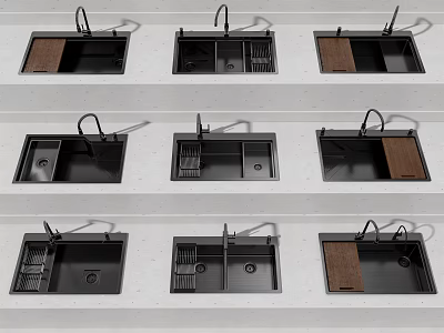 Modern Black Kitchen Sink Collection Featuring Faucet Wooden Panels And Drainers 3d model