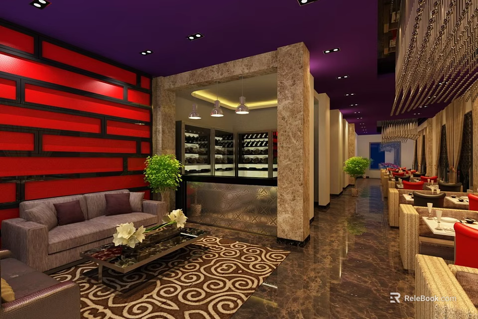 Elegant Restaurant Interior With Purple Ceiling Red Wall Marble Bar Counter And Sofa Seating 3d model 
