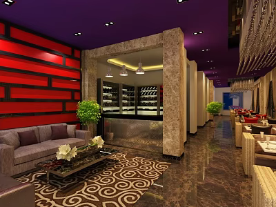 Elegant Restaurant Interior With Purple Ceiling Red Wall Marble Bar Counter And Sofa Seating 3d model
