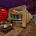 Elegant Restaurant Interior With Purple Ceiling Red Wall Marble Bar Counter And Sofa Seating