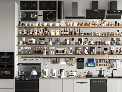 Modern Kitchen Interior With Organized Spice Bottles On Open Shelves 3d model