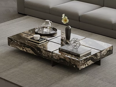 Modern Marble Patterned Coffee Table with Tray Tea Set Books Vase and Geometric Decor 3d model