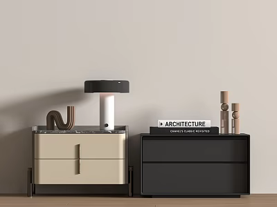 Modern Beige And Black Bedside Tables With Lamp Metal Decor Books And Cylindrical Ornaments 3d model