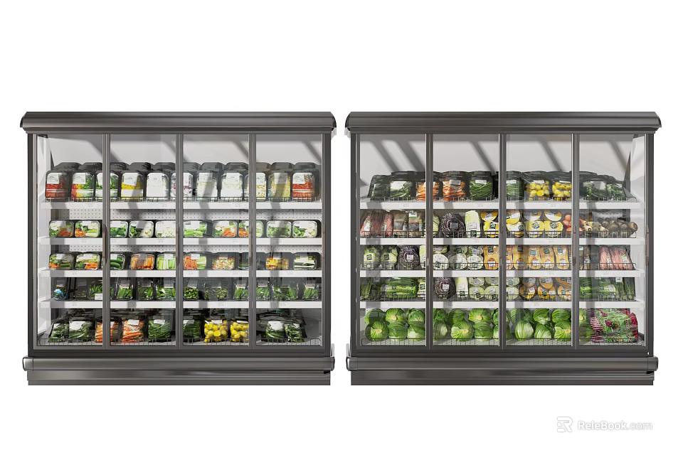 Commercial Glass Door Freezers With Multiple Shelves Stocked With Various Food Packages 3d model 