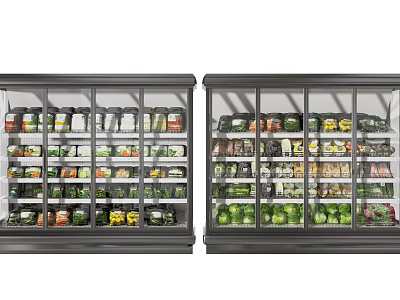 Commercial Glass Door Freezers With Multiple Shelves Stocked With Various Food Packages 3d model