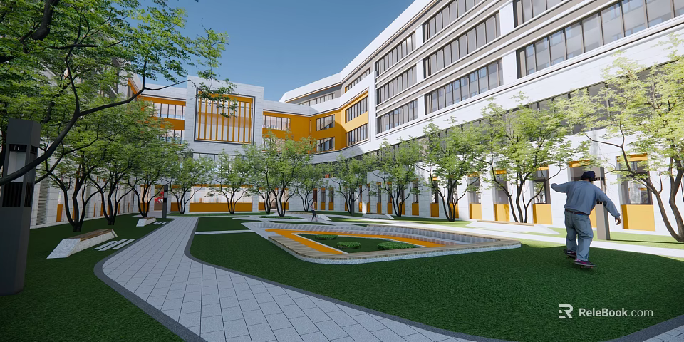 Modern Style School Building With White And Yellow Exterior Courtyard Trees Lawn And Pathway 3d model 