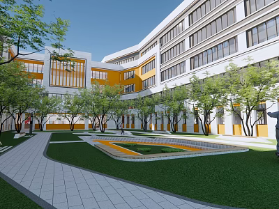 Modern Style School Building With White And Yellow Exterior Courtyard Trees Lawn And Pathway 3d model