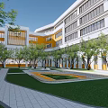 Modern Style School Building With White And Yellow Exterior Courtyard Trees Lawn And Pathway