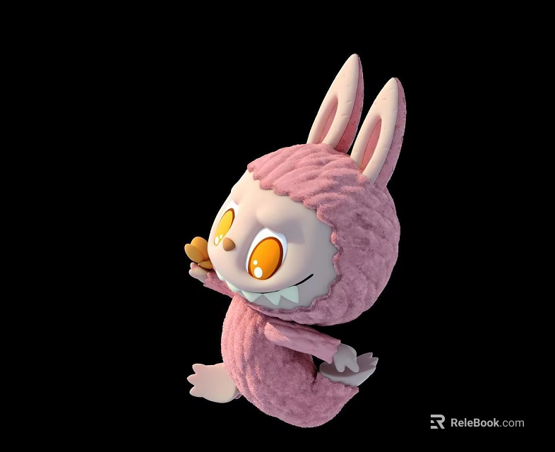 Cute Pink Rabbit Shaped Doll with Fluffy Fur and Big Orange Eyes 3d model 
