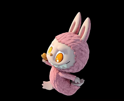 Cute Pink Rabbit Shaped Doll with Fluffy Fur and Big Orange Eyes 3d model