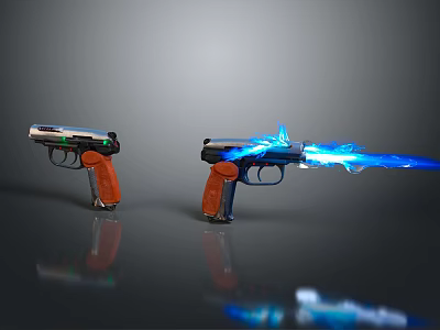 Futuristic Weapons With Orange Grips And Blue Flame Effect Displayed Side By Side 3d model