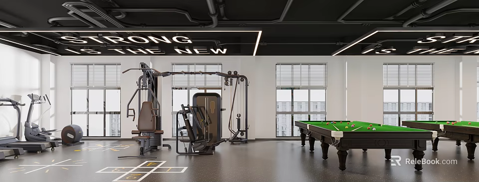 Modern Gym Interior With Fitness Equipment Pool Table And Windows 3d model 