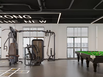Modern Gym Interior With Fitness Equipment Pool Table And Windows 3d model