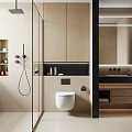 Modern Bathroom Interior With Glass Shower Wall Mounted Toilet Black Countertop Vanity And Wooden Cabinets
