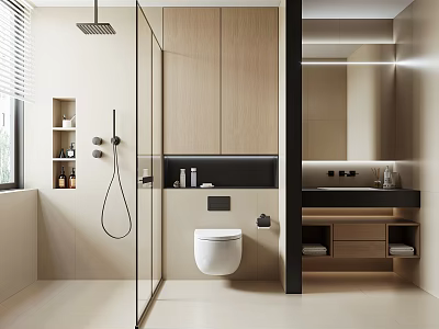 Modern Bathroom Interior With Glass Shower Wall Mounted Toilet Black Countertop Vanity And Wooden Cabinets 3d model