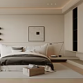 Modern Bedroom Interior Design With White And Gray Bedding Wall Shelves And Decorative Painting