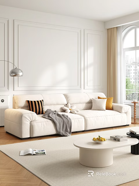 Cozy White Two Seater Sofa With Striped Pillows Gray Blanket Light Curtains And Wooden Floor 3d model 