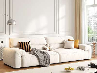 Cozy White Two Seater Sofa With Striped Pillows Gray Blanket Light Curtains And Wooden Floor 3d model
