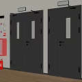 Fire Doors With Exit Signs And Fire Extinguisher In Building Corridor