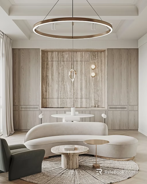 Modern Living Dining Room Interior With Wooden Walls Round Table Sofa And Pendant Lights 3d model 
