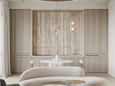 Modern Living Dining Room Interior With Wooden Walls Round Table Sofa And Pendant Lights 3d model