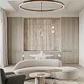 Modern Living Dining Room Interior With Wooden Walls Round Table Sofa And Pendant Lights