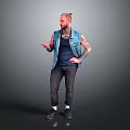 Man With Tattoos In Denim Vest And Dark Tank Top Gesturing On Gray Background