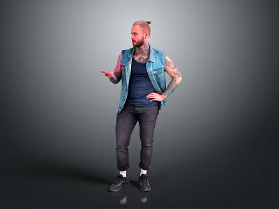 Man With Tattoos In Denim Vest And Dark Tank Top Gesturing On Gray Background 3d model