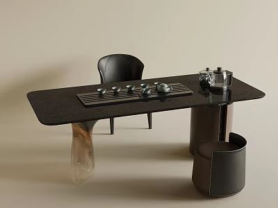 Elegant Tea Table With Black Tabletop Transparent Legs Black Chair And Tea Set 3d model
