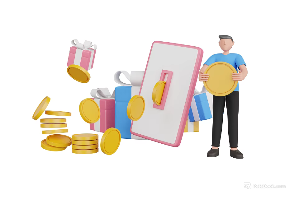 Modern Decorative Ornament Decoration Set With Gold Coins And Gift Boxes 3d model 