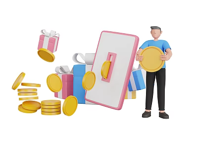 Modern Decorative Ornament Decoration Set With Gold Coins And Gift Boxes 3d model