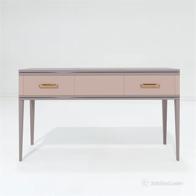 Modern Dressing Table With Light Pink And Gray Double Drawers Gold Handles And Slender Legs 3d model 