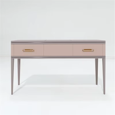 Modern Dressing Table With Light Pink And Gray Double Drawers Gold Handles And Slender Legs 3d model