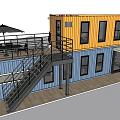 Modern Two Story Container Building With Terrace Outdoor Dining Area And Umbrellas