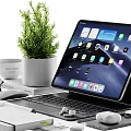 Elegant Office Desk Ornament Combination with Tablet Keyboard Plant and Stationery