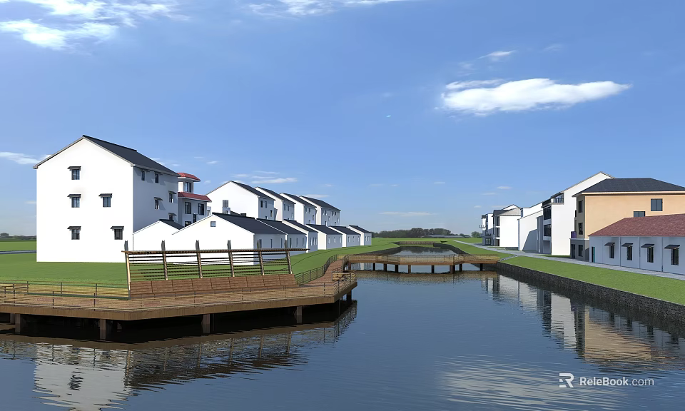 Garden Landscape Design Featuring White Buildings Canal Wooden Bridge And Green Lawns 3d model 
