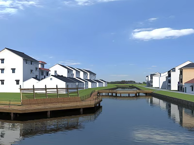Garden Landscape Design Featuring White Buildings Canal Wooden Bridge And Green Lawns 3d model