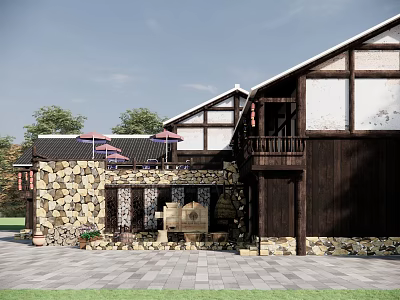 Traditional Boutique Guesthouse Building With Stone Wall Wooden Frame And Outdoor Umbrella Area 3d model